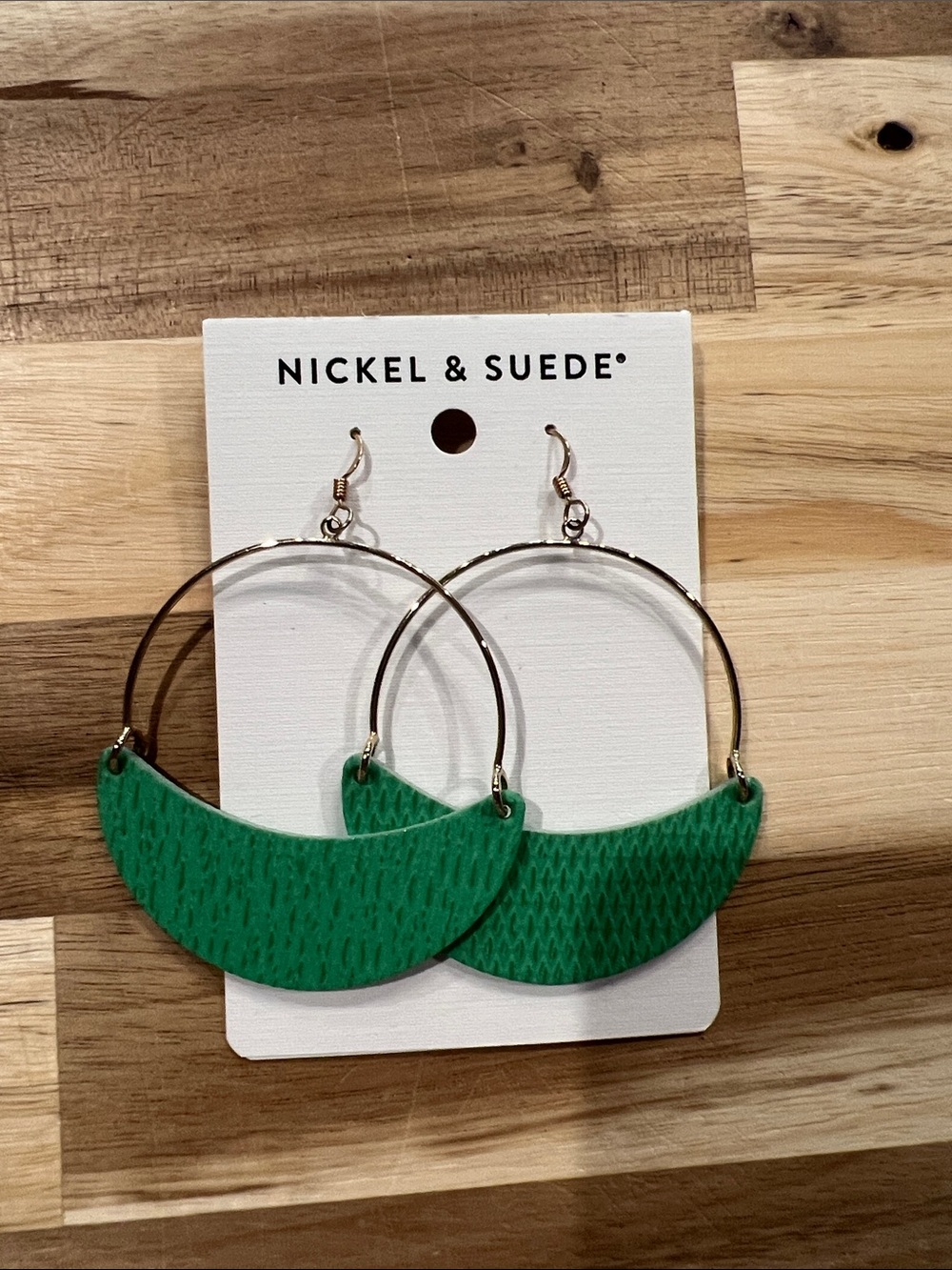 Nickel & Suede Green Leather Hoop Earrings
